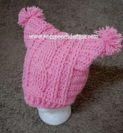 Cable Stitch Square Hat With Pom Poms