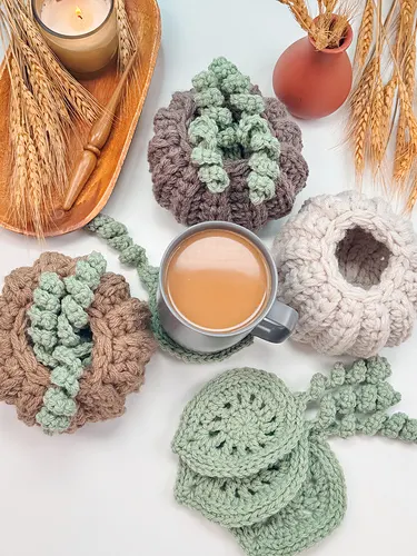 Crochet Pumpkin with Leaf Coasters