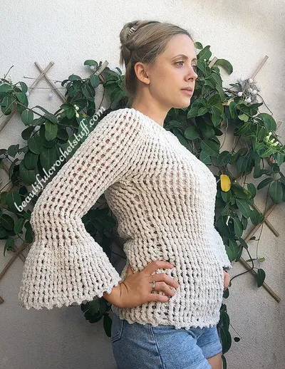 Crochet Two Sides Flare Sleeve Sweater