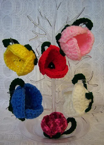 Tulips Tea Cup Yarn Crochet Ornament